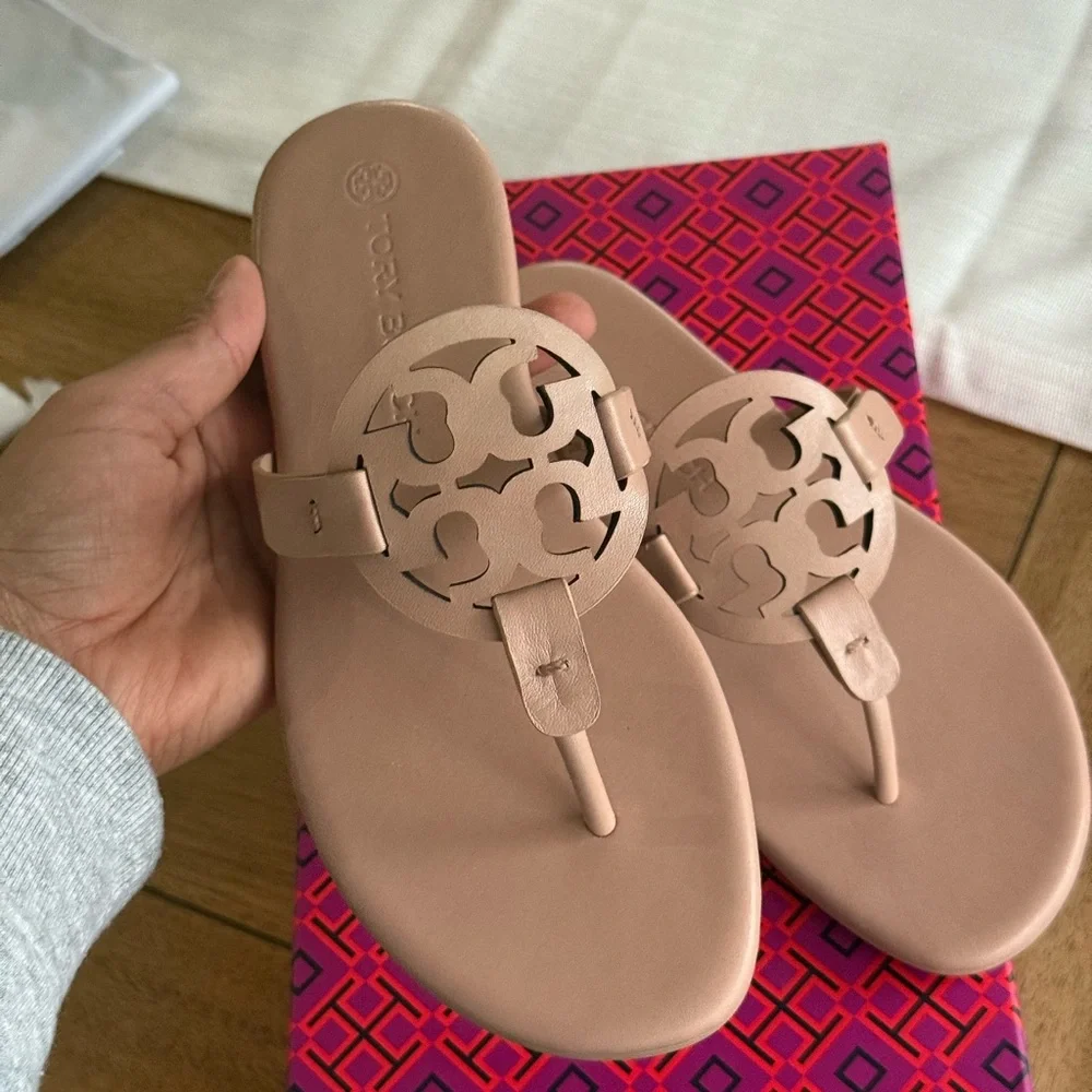New Tory Burch miller soft calf leather sandals in light sand / makeup colo